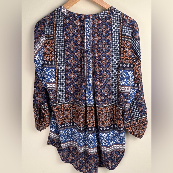 Daniel Rainn Blue Orange Mosaic Paisley Pleated Blouse 3/4 Roll Tab Sleeve Med. - Picture 3 of 9